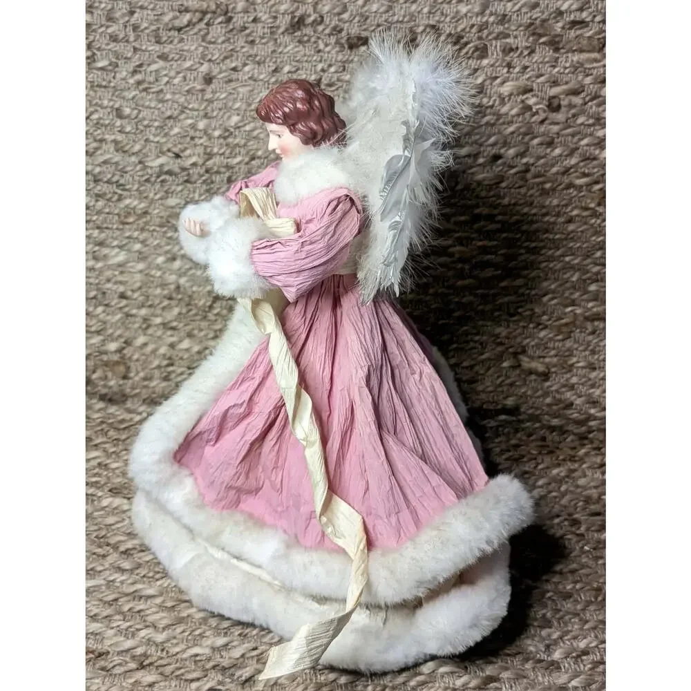 Christmas Pink Shabby Chic Faux Fur Feathers Victorian Angel Tree Topper 16